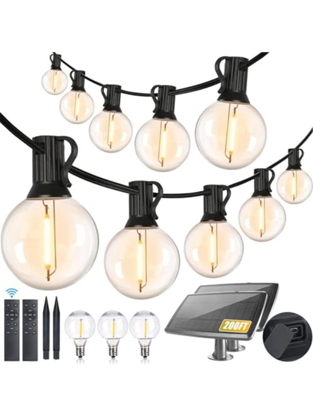 Solar Outdoor String Lights G40 Patio Waterproof Dimmable Remote USB Black Bulbs